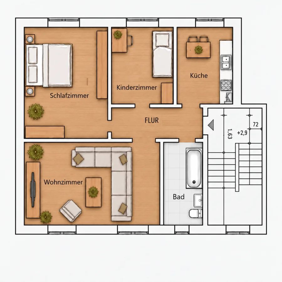 Charmante 3-Raumwohnung in Böhlen – Einbauküche inklusive - Grundriss Wohnung (19196619)